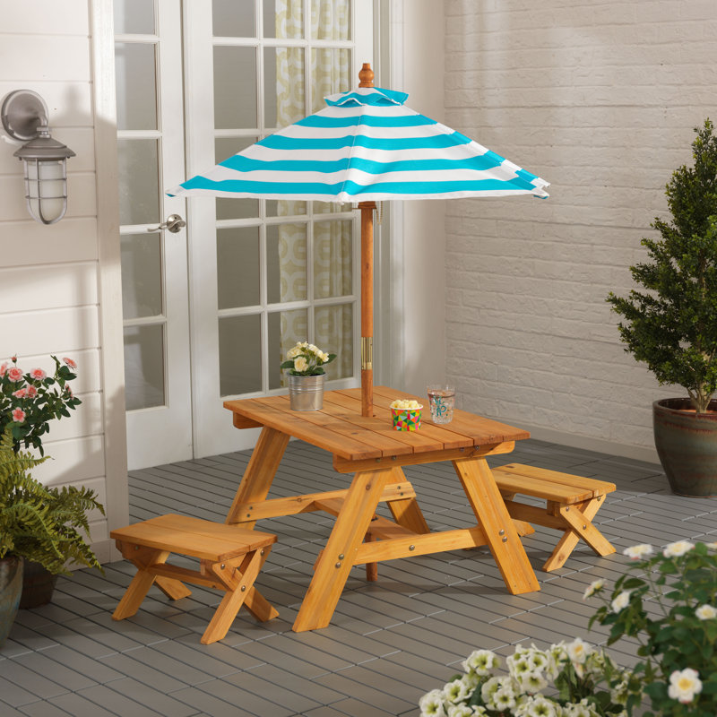 KidKraft Outdoor Wooden Table & Bench Set, Striped Umbrella, Turquoise ...